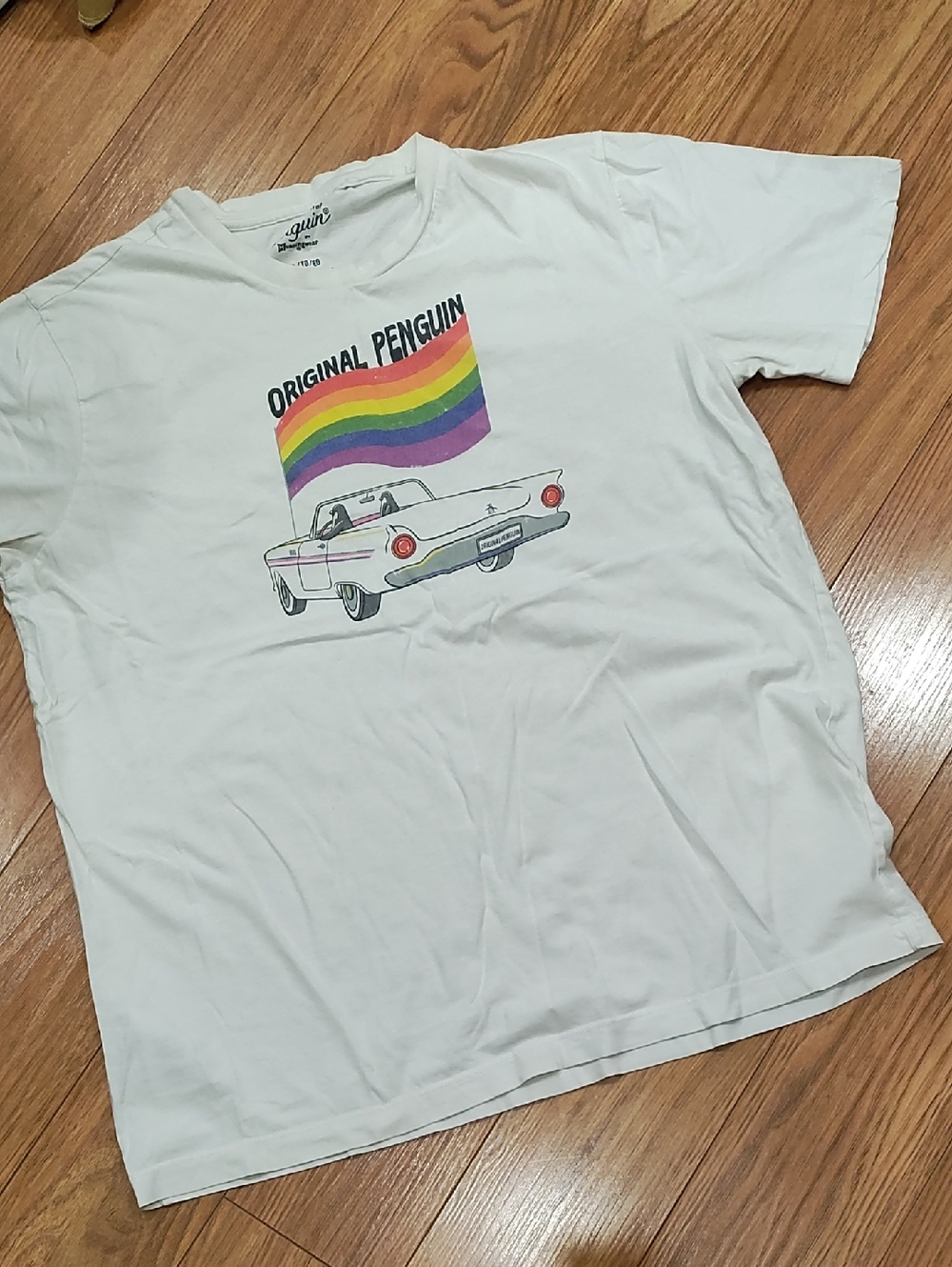 Original Penguin White Tee with Rainbow Flag and Retro Car Graphic
